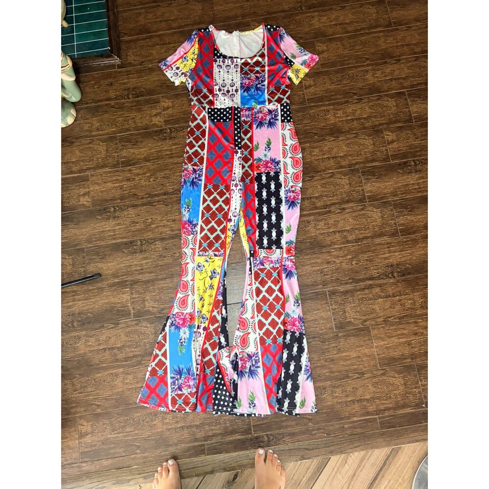 Multicolor Patchwork Print Disco Bell Bottom Jumpsuit - 2XL